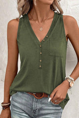 Close-up of a woman wearing a green sleeveless V-neck henley top with button detail and a chest pocket.