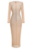 Front view of a long, sheer, long-sleeved gown with all-over rhinestone embellishments.