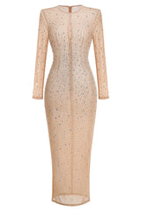 Front view of a long, sheer, long-sleeved gown with all-over rhinestone embellishments.