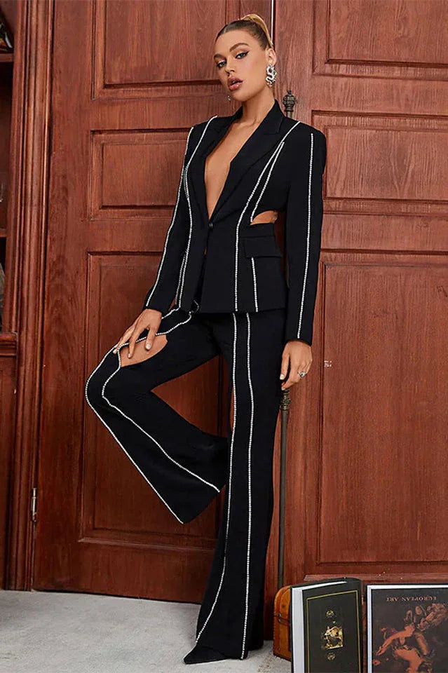 Women's Textured Blazer and Wide-Leg Pants Set - View 6 | TEVQA