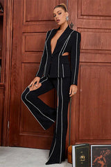 Women's Textured Blazer and Wide-Leg Pants Set - View 6 | TEVQA