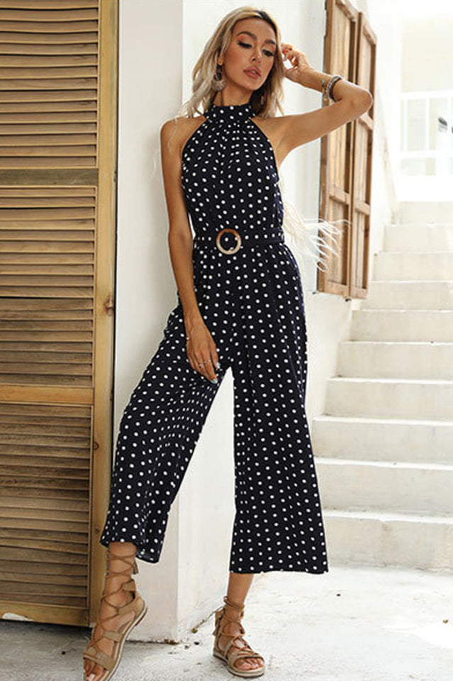 Polka Dots Print Funnel Neck Belted Jumpsuit | Dress In Beauty