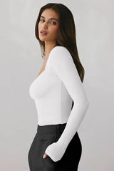 Cream Ribbed Sweetheart Neck Long Sleeve Top - TEVQA