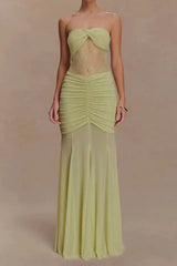 Model wearing a light green strapless gown with lace bodice and ruched skirt