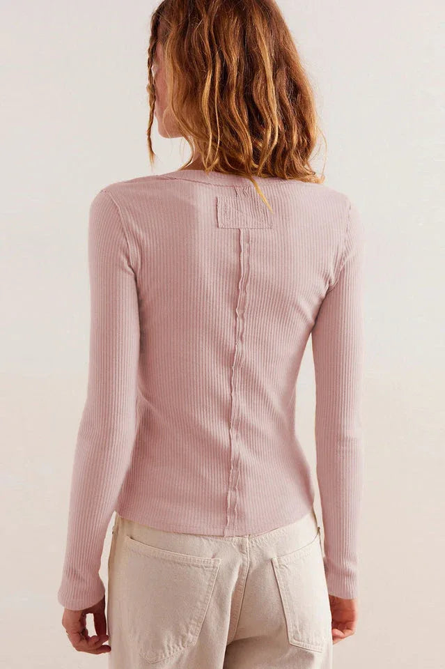 Vintage Rouge Ribbed Button-Front Long Sleeve Top - TEVQA