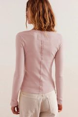 Vintage Rouge Ribbed Button-Front Long Sleeve Top - TEVQA