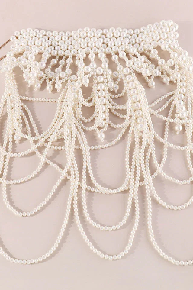 Megan Pearl Body Chain Bra - Statement Shoulder Bib Necklace & Bridal Cape Jewelry - TEVQA