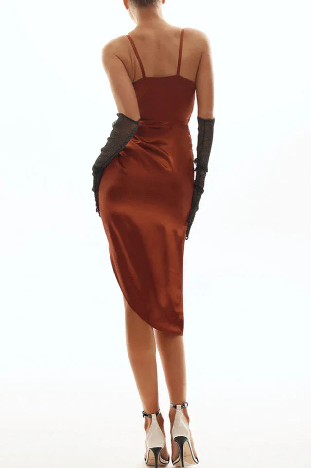 Wrap V Neck High Slit Draped Slip Midi Dress - TEVQA