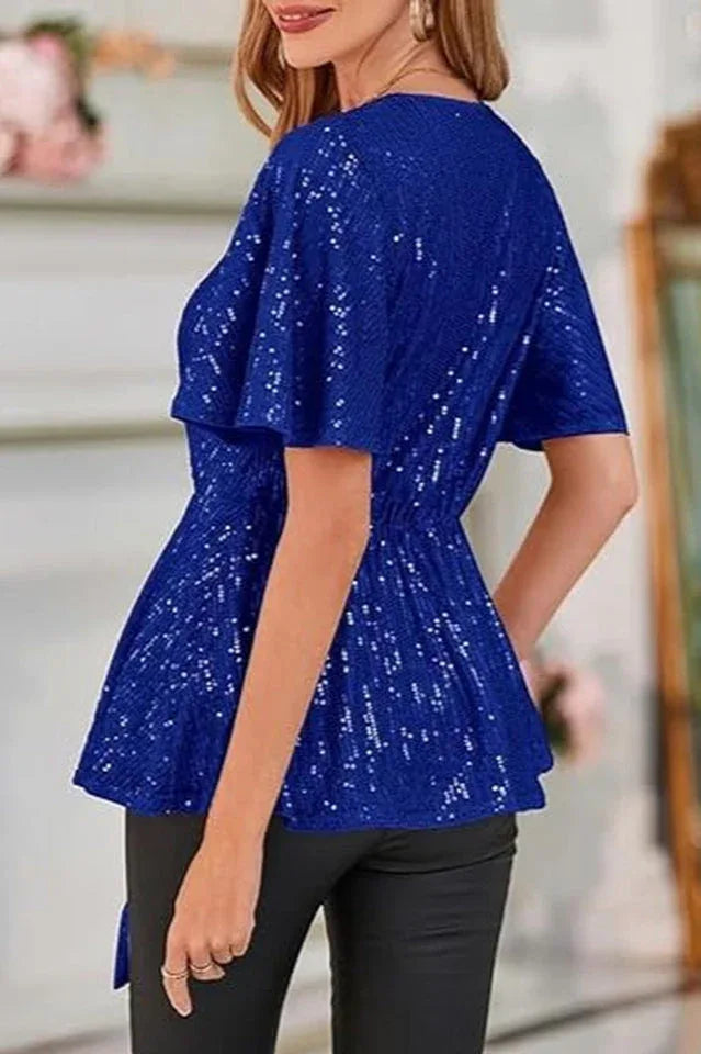 Sequin Peplum Top with Flutter Sleeves - View 7 | TEVQA