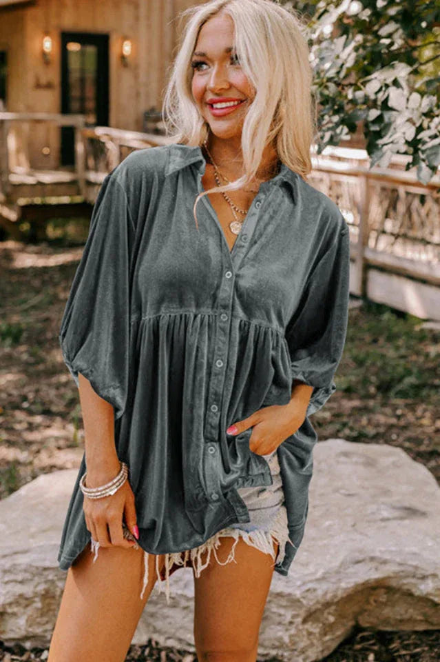 Chestnut Ruffle Velvet Tunic Top - View 7 | TEVQA