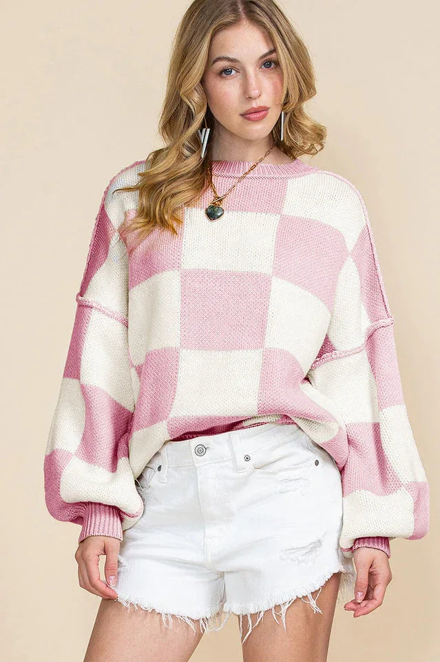 Women’s Pink Checkerboard Oversized Knit Sweater - TEVQA