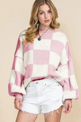 Women’s Pink Checkerboard Oversized Knit Sweater - TEVQA