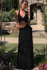 Elegant two-piece maxi skirt set with halter neckline and tiered skirt - View 11 | TEVQA