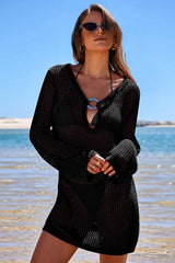White crochet beach cover-up with V-neckline and long sleeves - View 8 | TEVQA