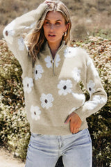 Floral Knit Quarter-Zip Sweater - View 9 | TEVQA