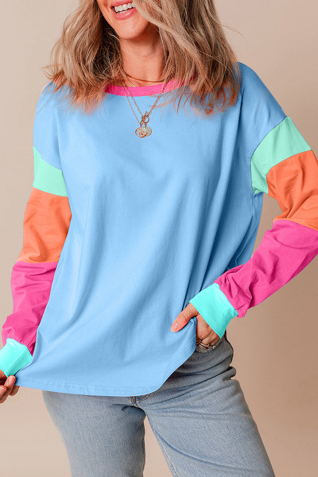 Colorblock Patchwork Long Sleeve Loose Top | Dress In Beauty