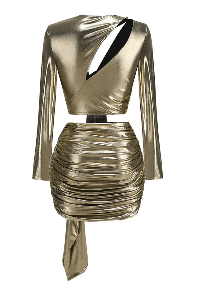 Radiance Metallic Tie Front Top and Ruched Skirt Set - View 6 | TEVQA