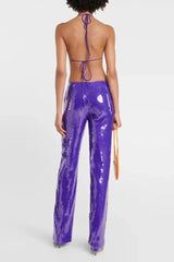 Sequin crop top and wide leg pants set with feather trim - View 11 | TEVQA