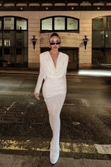 White long sleeve maxi dress with cowl neck - View 7 | TEVQA