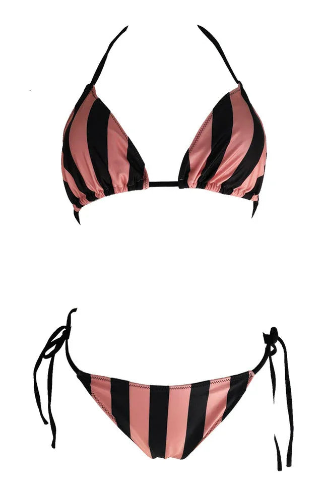 Pink and black striped bikini set