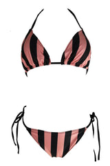 Pink and black striped bikini set