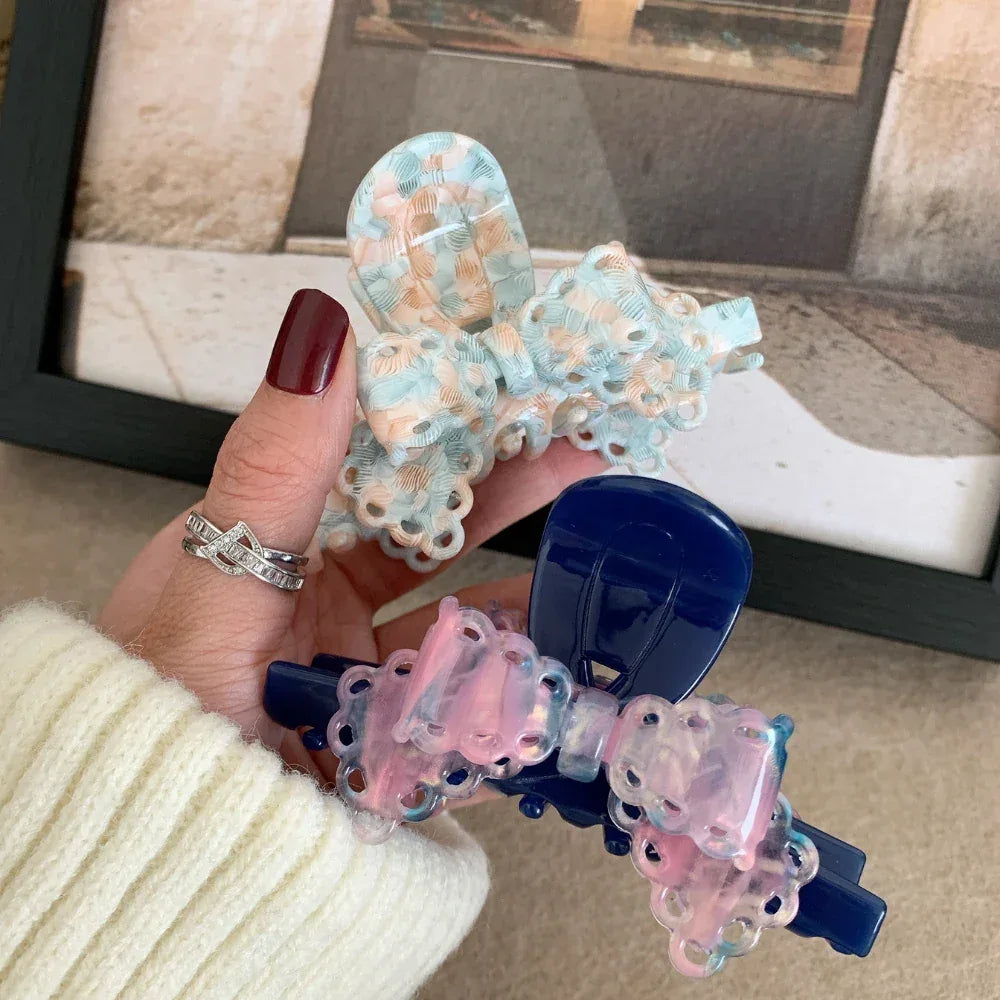 Textured Lace Bow Acetate Hair Claw (3.7 Inch) - TEVQA