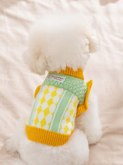 Green & Yellow Argyle Knit Dog Sweater Ruffled Trim