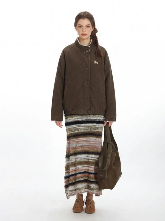 Vintage-Inspired Brown Corduroy Bomber Jacket - TEVQA