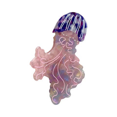 Pink and purple iridescent acrylic jellyfish hair clip with white swirling details and a striped bell.