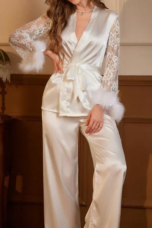 White Satin Bridal Pajama Set with Feather Cuffs & Lace Sleeves, 2-Piece Luxury Sleepwear - Wedding Gift - TEVQA