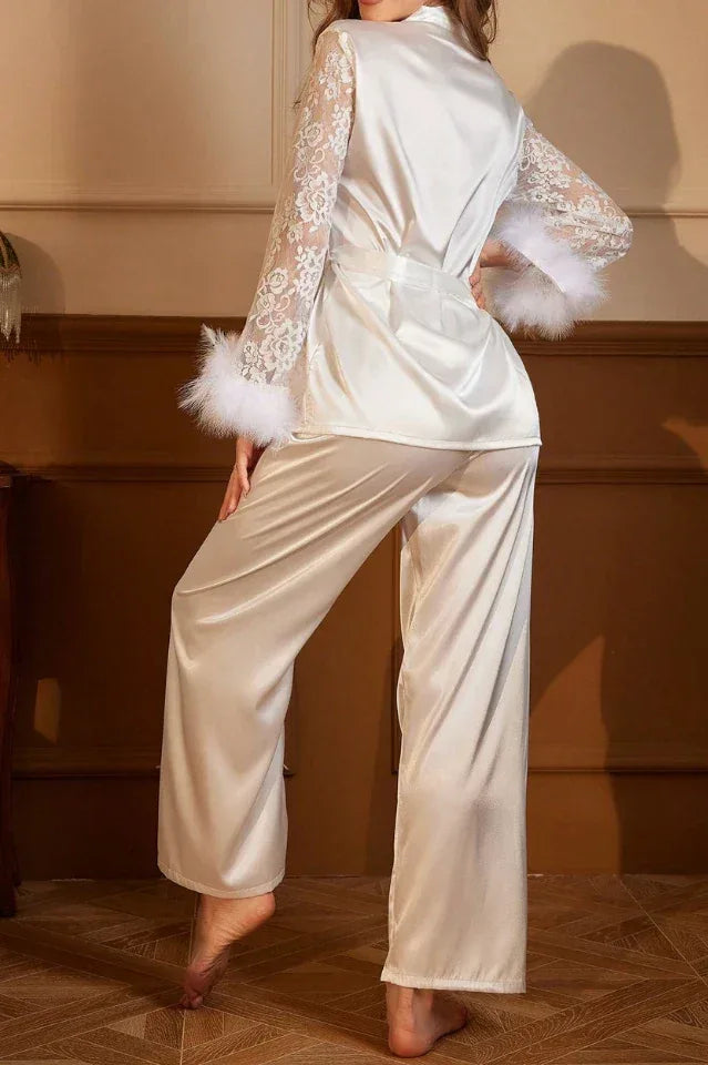 White Satin Bridal Pajama Set with Feather Cuffs & Lace Sleeves, 2-Piece Luxury Sleepwear - Wedding Gift - TEVQA
