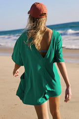 Oversized Crew Neck Romper with Open Back - View 10 | TEVQA