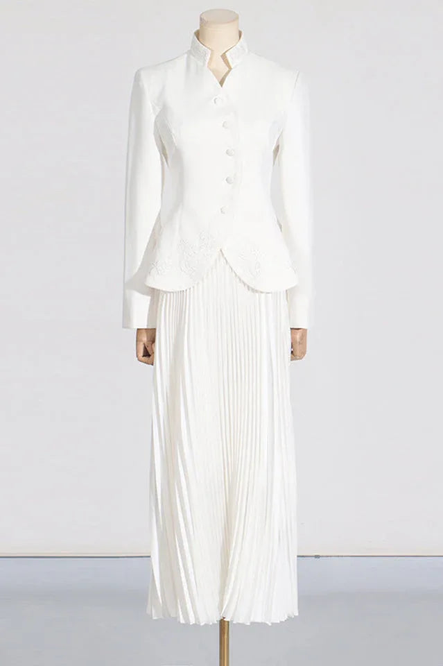 Mandarin Collar Peplum Jacket and Pleated Skirt Set - View 11 | TEVQA