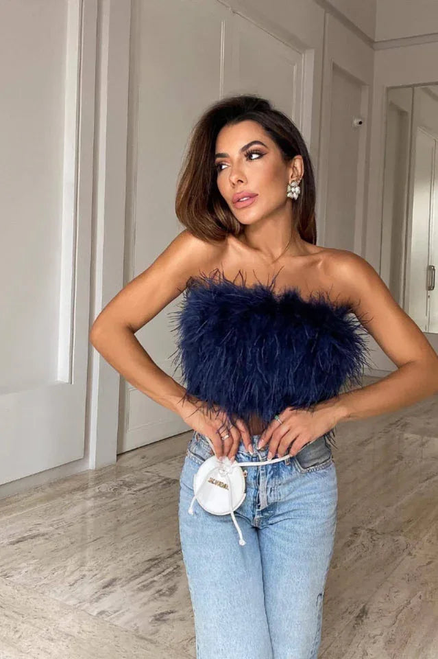 Strapless feather crop top - View 11 | TEVQA