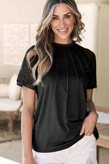 Lace Sleeve Pleated Mock Neck Blouse - View 9 | TEVQA