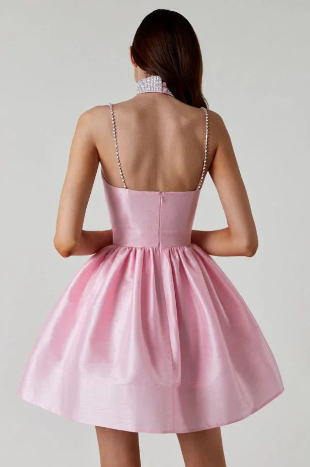 Aqua Blue Taffeta Mini Skater Dress with Crystal Straps - View 9 | TEVQA