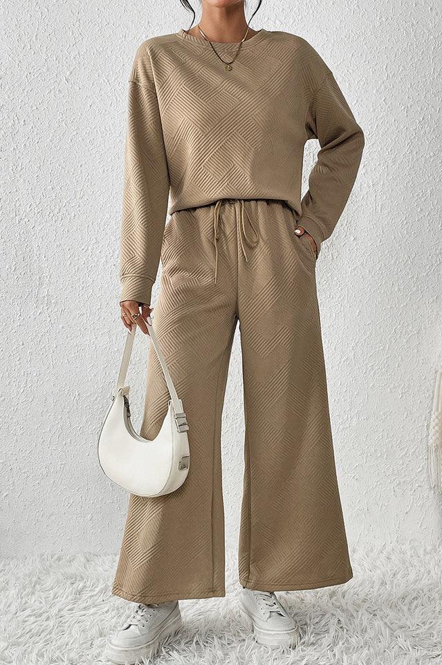 Textured Long Sleeve Top & Pants Set - TEVQA