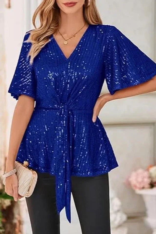 Sequin Peplum Top with Flutter Sleeves - View 6 | TEVQA