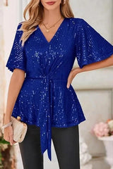 Sequin Peplum Top with Flutter Sleeves - View 6 | TEVQA