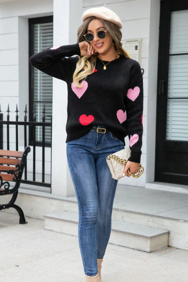 Soft Pink Heart Print Knit Sweater - View 9 | TEVQA
