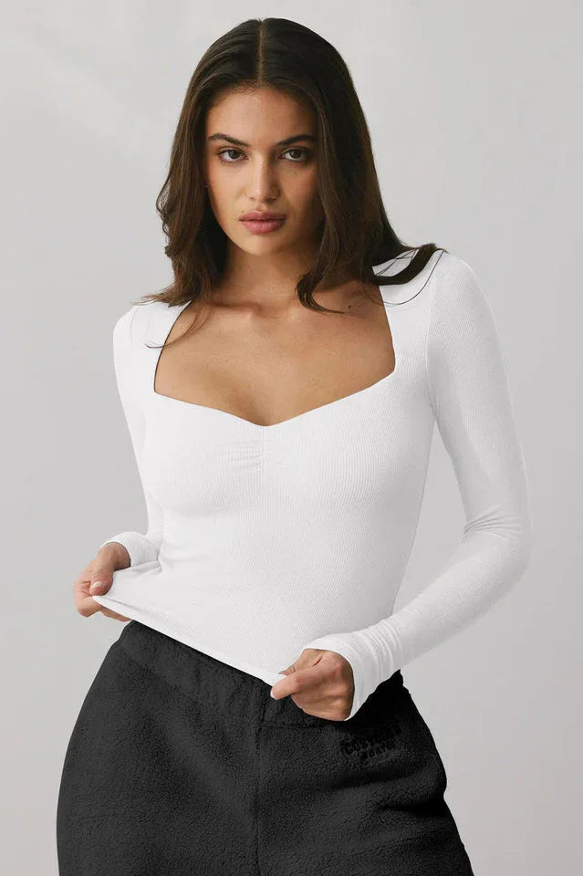 Cream Ribbed Sweetheart Neck Long Sleeve Top - TEVQA