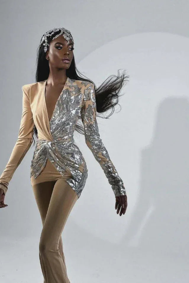 Sequin long sleeve jumpsuit with flared legs - View 7 | TEVQA
