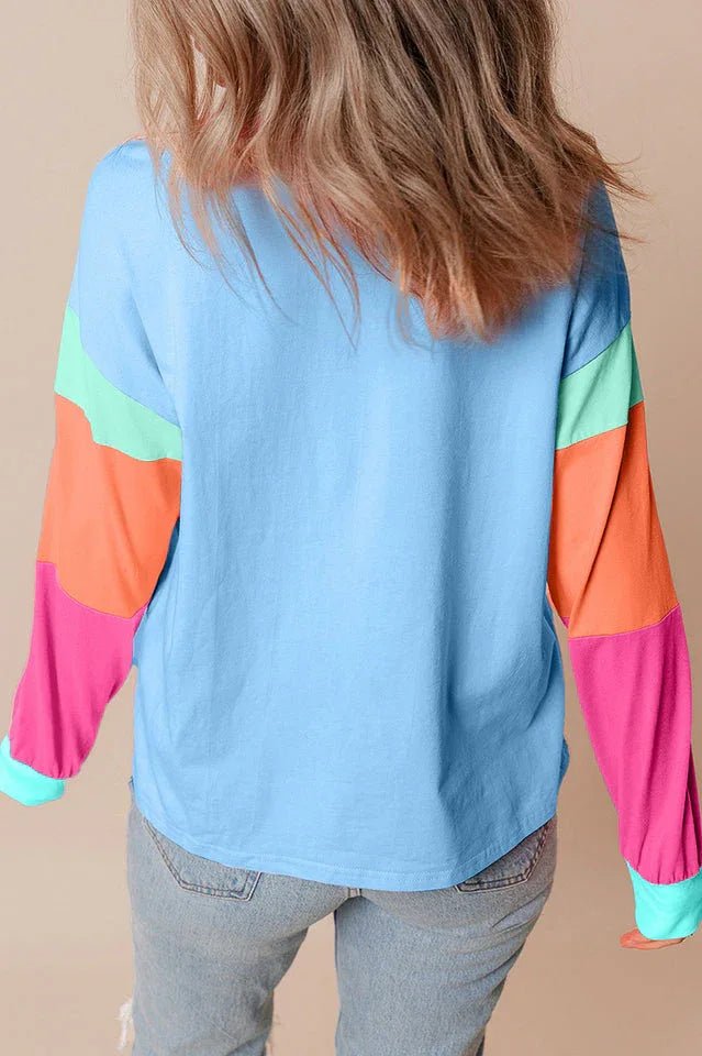 Playful Color Block Long Sleeve Top - TEVQA
