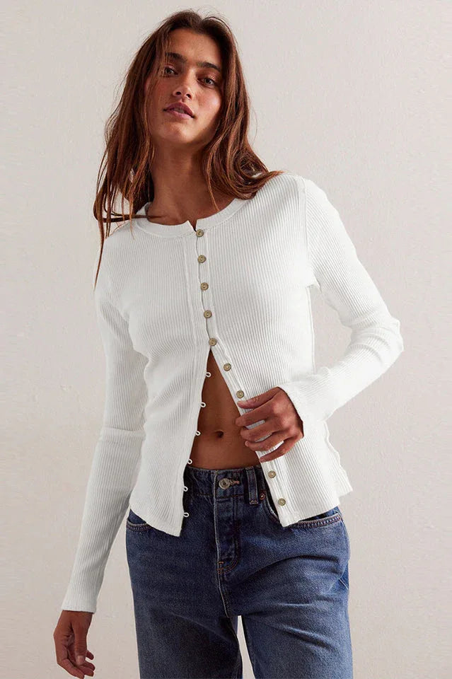 Vintage Rouge Ribbed Button-Front Long Sleeve Top - TEVQA