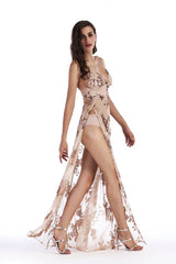 Sequined Sling Backless Split Dress - TEVQA
