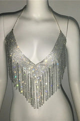 Sparkling Crystal Chainmail Crop Top - Backless Rhinestone Metal Mesh Cami - TEVQA