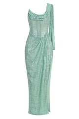 Front view of a mint green sequined column gown with a high slit and draped detail.