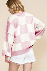 Women’s Pink Checkerboard Oversized Knit Sweater - TEVQA