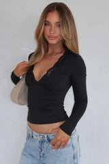 Lace Trim V-Neck Long Sleeve Top - View 13 | TEVQA