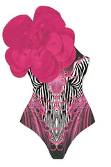 One shoulder swimsuit with tropical print and floral applique, paired with a matching skirt. - View 16 | TEVQA